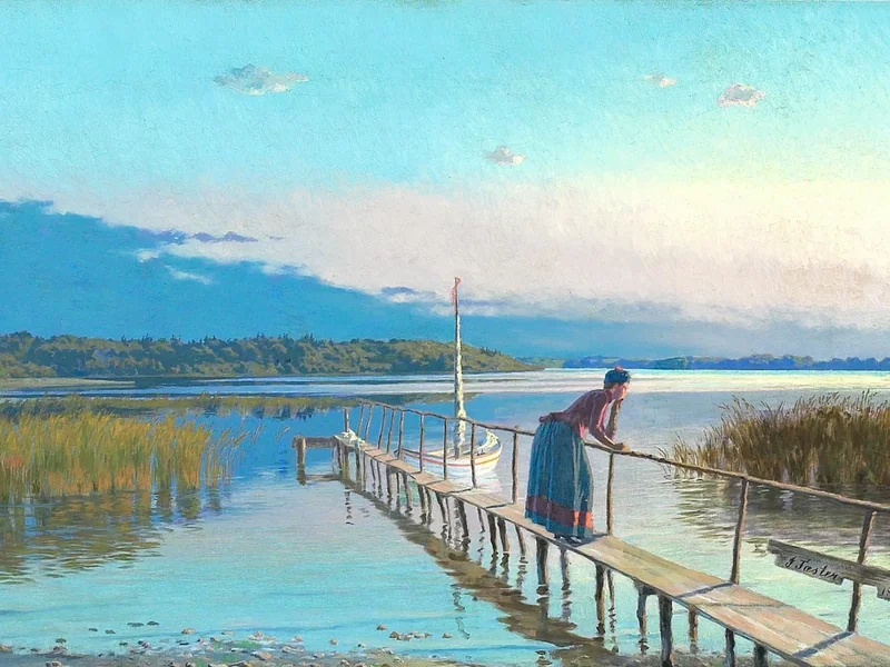 1856-Hans Julius Faester - Da Svendborgsund, con una donna al tramonto
